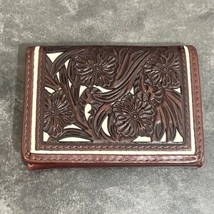 Tony Lama Trifold Wallet OS Brown Excellent Tooled Floral Leather Western